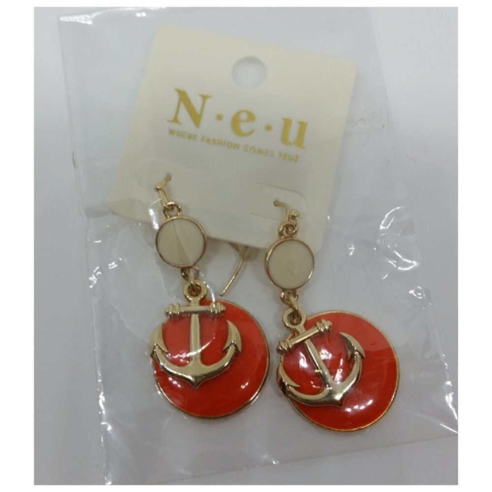 NWT N.E.U Neu Nautical Anchor Charm Earrings Gold Tone Dangle Drop Dressy Fun